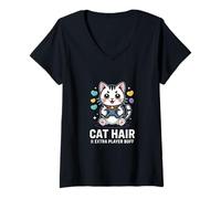 Femme Chat Hair Extra Player Buff Retro Gamer T-Shirt avec Col en V