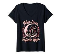 Femme Chat Halloween 9 Vies Rubans Roses Cancer Sein T-Shirt avec Col en V