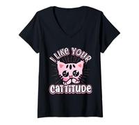 Femme Chat Humoristique « I Like Your Cattitude » Idée Cadeau T-Shirt avec Col en V