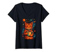 Femme Chat in Space Boire Café Art Cosmique Love Cats T-Shirt avec Col en V