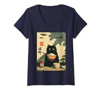 Femme Chat Japonais Mignon Vintage drôle OVNI Alien Jeunes Enfants Adultes T-Shirt avec Col en V, Bleu Marine, S