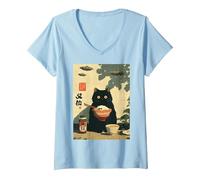 Femme Chat Japonais Mignon Vintage drôle OVNI Alien Jeunes Enfants Adultes T-Shirt avec Col en V, Bleu Céleste, M