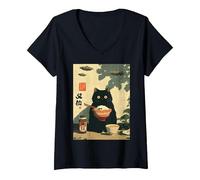 Femme Chat Japonais Mignon Vintage drôle OVNI Alien Jeunes Enfants Adultes T-Shirt avec Col en V, Noir, L