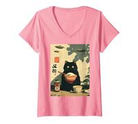 Femme Chat Japonais Mignon Vintage drôle OVNI Alien Jeunes Enfants Adultes T-Shirt avec Col en V, Rose, XL