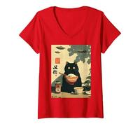 Femme Chat Japonais Mignon Vintage drôle OVNI Alien Jeunes Enfants Adultes T-Shirt avec Col en V, Rouge, XL
