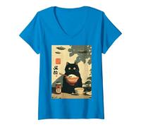 Femme Chat Japonais Mignon Vintage drôle OVNI Alien Jeunes Enfants Adultes T-Shirt avec Col en V, Saphir, XXL