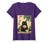 Femme Chat Japonais Mignon Vintage drôle OVNI Alien Jeunes Enfants Adultes T-Shirt avec Col en V, Violet, L