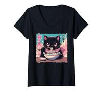 Femme Chat Japonais Ramen Mignon Ukiyoe Art Tout-Petits Filles Enfants Femmes T-Shirt avec Col en V
