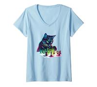 Femme Chat Jouant aux échecs Dessin animé T-Shirt avec Col en V