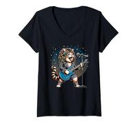 Femme Chat Jouant de la Guitare années 80 Cheveux Glam Heavy Metal Rock Music T-Shirt avec Col en V
