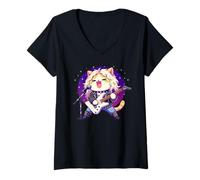 Femme Chat Jouant de la Guitare années 80 Cheveux Glam Heavy Metal Rock Music T-Shirt avec Col en V