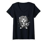 Femme Chat Jouant de la Guitare années 80 Cheveux Glam Heavy Metal Rock Music T-Shirt avec Col en V