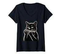 Femme Chat Jouant de l'harmonica Blues Musique T-Shirt avec Col en V