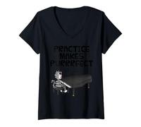 Femme Chat Jouant du Piano, l'entraînement mène à la Perfection T-Shirt avec Col en V