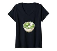 Femme Chat Kawaii dans Un Bol de The Vert Matcha Neko T-Shirt avec Col en V
