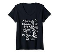 Femme Chat Kawaii en Patins à roulettes T-Shirt avec Col en V