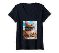 Femme Chat Le Plus Cool dans des Lunettes de Soleil avec Ambiance de Plage Amusante de château de Sable T-Shirt avec Col en V