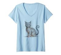 Femme Chat Lover Abstrait Croquis Art Mignon Chaton Scribble Cat T-Shirt avec Col en V