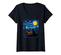 Femme Chat Madrid Horizon Nuit étoilée avec lumières de Ville espagnole T-Shirt avec Col en V