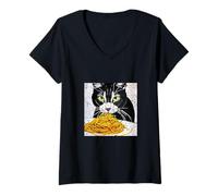 Femme Chat Mangeant des Spaghettis drôles de Chats Meme Humour T-Shirt avec Col en V