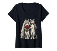 Femme Chat Marié et Marié Couple Chats T-Shirt avec Col en V