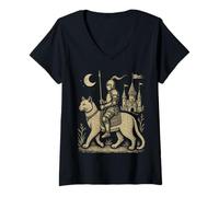 Femme Chat médiéval étrange chevalier blindé du Moyen Âge T-Shirt avec Col en V
