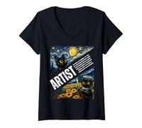 Femme Chat Mignon Artiste drôle Animal Van Gogh Nuit étoilée Art Adolescents T-Shirt avec Col en V