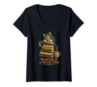 Femme Chat Mignon avec des Livres - La Lecture est Une idée Nouvelle T-Shirt avec Col en V