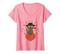 Femme Chat Mignon avec nœud Tenant des Roses Rouges et des cœurs T-Shirt avec Col en V