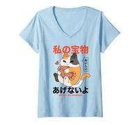 Femme Chat Mignon avec Taiyaki Anime Japonais Kawaii Anime Esthétique Snack T-Shirt avec Col en V