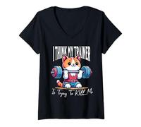 Femme Chat mignon et amusant Gym I Think My Trainer Is Trying To Kill Me T-Shirt avec Col en V