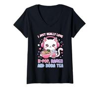 Femme Chat Mignon I Just Really Love K-Pop Ramen et Boba Tea T-Shirt avec Col en V