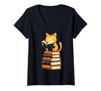 Femme Chat Mignon lisant des Livres Amant Contes thème Rat de bibliothèque T-Shirt avec Col en V
