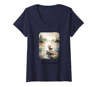 Femme Chat Mignon Peace is Power par Calm Lake Art T-Shirt avec Col en V