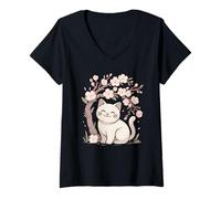 Femme Chat Mignon sous Les Fleurs de Cerisier Sakura Spring T-Shirt avec Col en V
