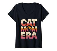 Femme Chat Mom Era Rétro Coucher de Soleil Esthétique Amoureux des Chats T-Shirt avec Col en V