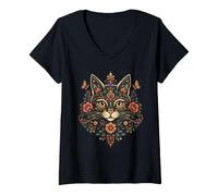 Femme Chat Mom Floral Folk Art Chat Lover Boho Feline T-Shirt avec Col en V