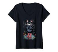 Femme Chat mouillé dans des Bottes de Pluie Debout dans Une flaque d'eau T-Shirt avec Col en V