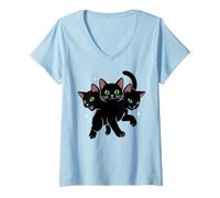 Femme Chat Noir à 3 têtes y2k Grunge Kawaii Halloween T-Shirt avec Col en V