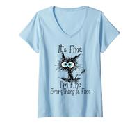Femme Chat Noir Amusant It's Fine I'm Fine Everything is Fine T-Shirt avec Col en V