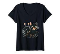 Femme Chat Noir avec Coquille d'escargot T-Shirt avec Col en V