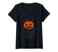 Femme Chat Noir avec tête de Lanterne Jack O Halloween T-Shirt avec Col en V