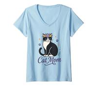 Femme Chat Noir Blanc Couronne Fleurie Maman Féline Cat Mom T-Shirt avec Col en V