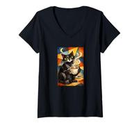 Femme Chat Noir Boire Café Insomnie Abstrait Lune T-Shirt avec Col en V