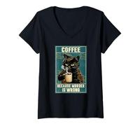 Femme Chat noir buvant du café parce que le meurtre est mauvais T-Shirt avec Col en V