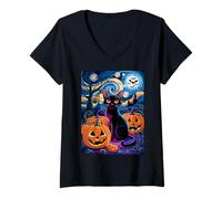 Femme Chat Noir céleste Halloween Nuit étoilée T-Shirt avec Col en V