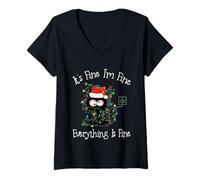 Femme Chat Noir Christmas It's Fine I'm Fine Everything is Fine T-Shirt avec Col en V