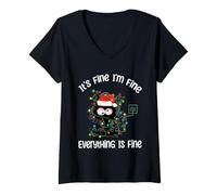 Femme Chat Noir Christmas It's Fine I'm Fine Everything is Fine T-Shirt avec Col en V