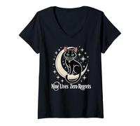 Femme Chat Noir Croissant de Lune - Neuf Vies Zéro Regrets T-Shirt avec Col en V