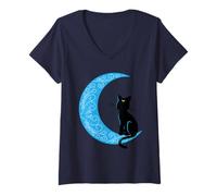 Femme Chat noir demi-lune marin maman T-Shirt avec Col en V